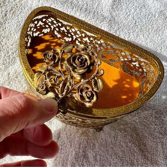 Vintage Antique brass trinket box with solid brass rose design